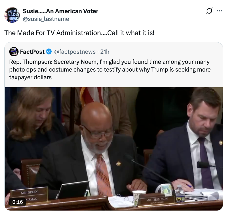 Tweet showing a user commenting on a news clip. The embedded video features a congressional hearing with officials, mentioning Trump and taxpayer dollars