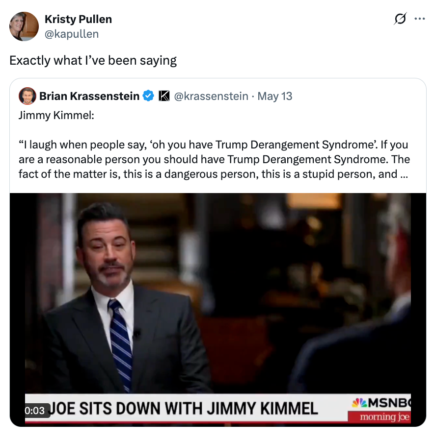 Screenshot of a tweet mentioning Jimmy Kimmel discussing "Trump Derangement Syndrome" on MSNBC’s Morning Joe, shared by a user agreeing with the message
