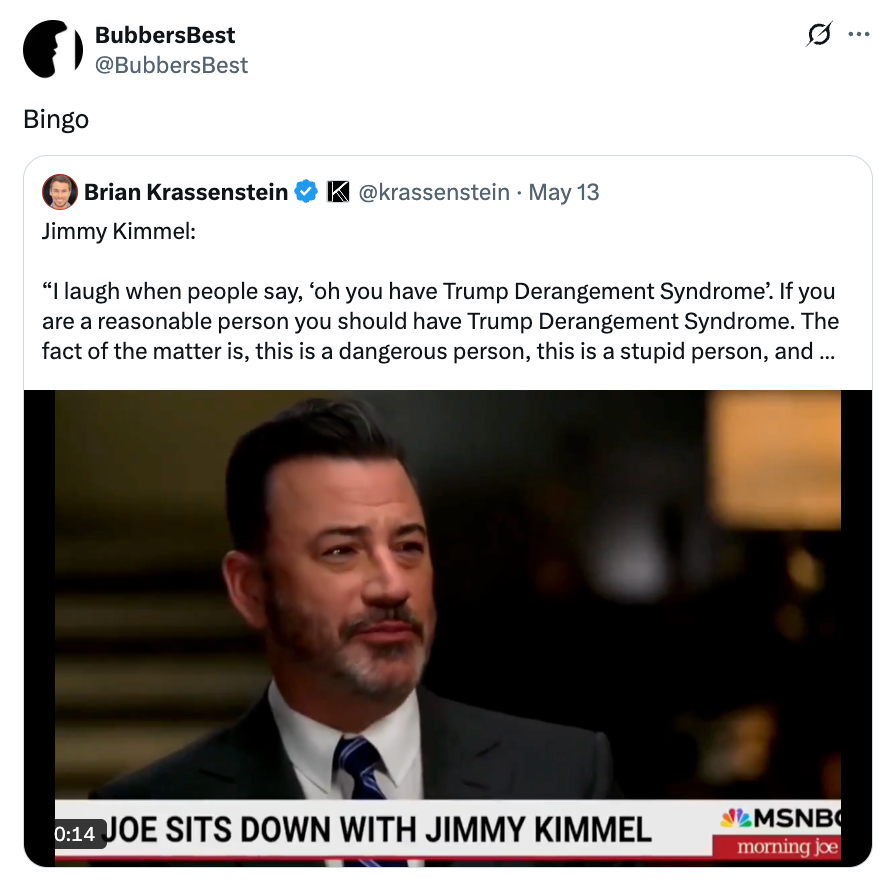 Screenshot of a tweet showing Jimmy Kimmel on TV, with a partial quote about "Trump Derangement Syndrome."