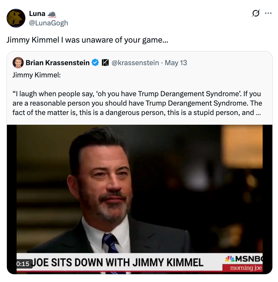 Tweet showing Jimmy Kimmel during an MSNBC interview segment about Trump Derangement Syndrome