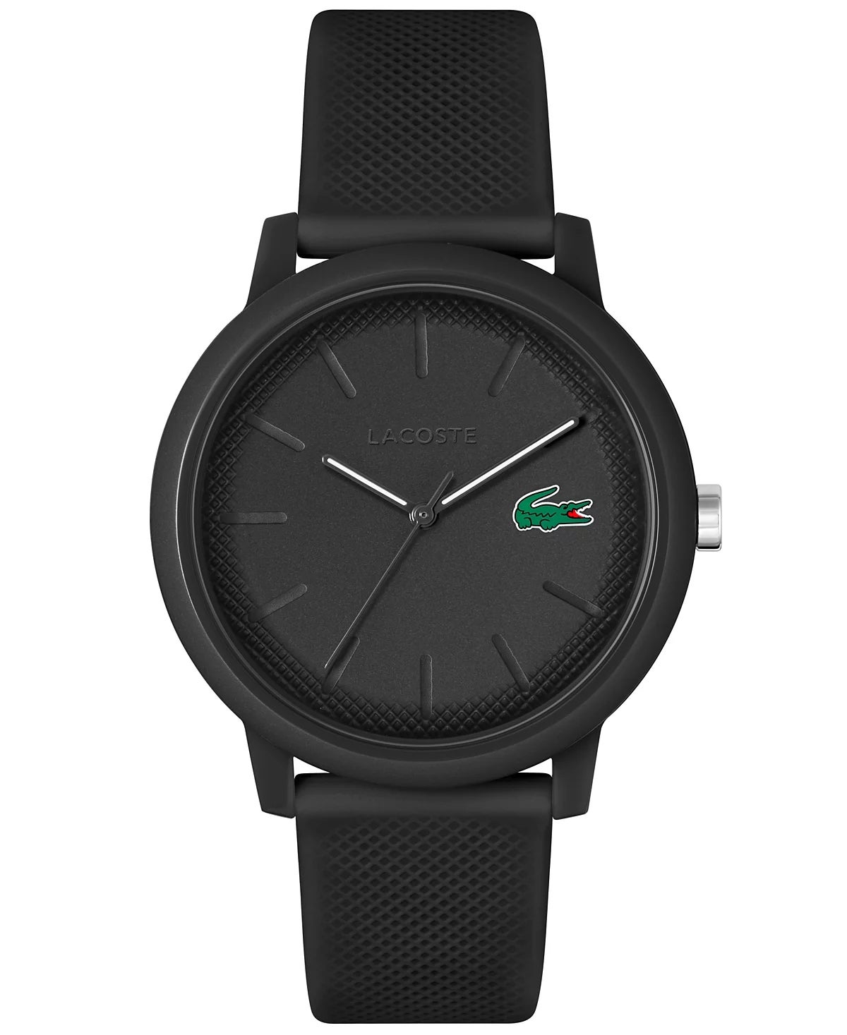 Black Lacoste Watch dengan wajah bertekstur gelap dan logo buaya, menampilkan tali silikon yang ramping