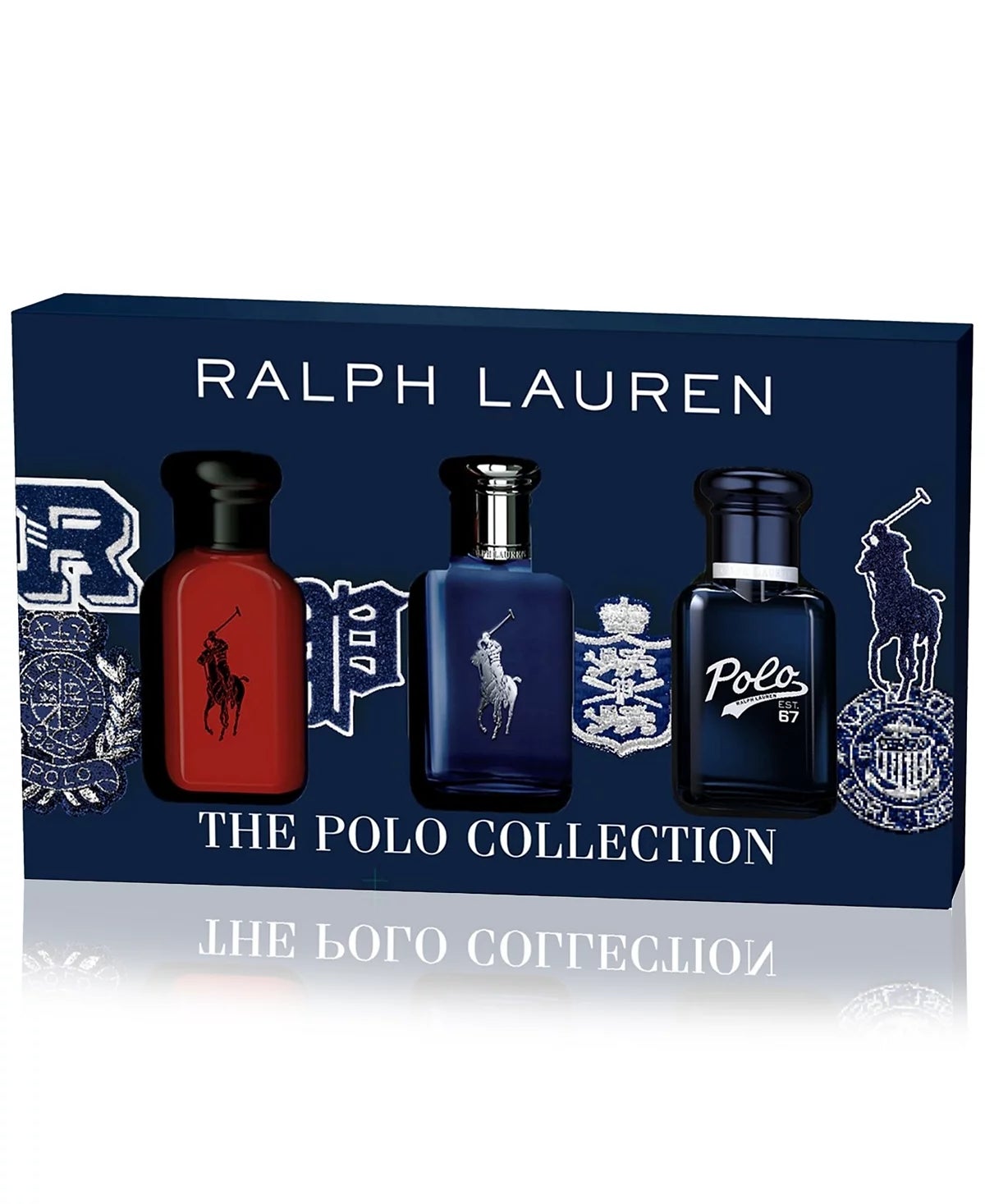 Ralph Lauren Polo Collection Gift Set dengan tiga cologne dalam botol yang dihiasi, ditampilkan dalam artikel belanja