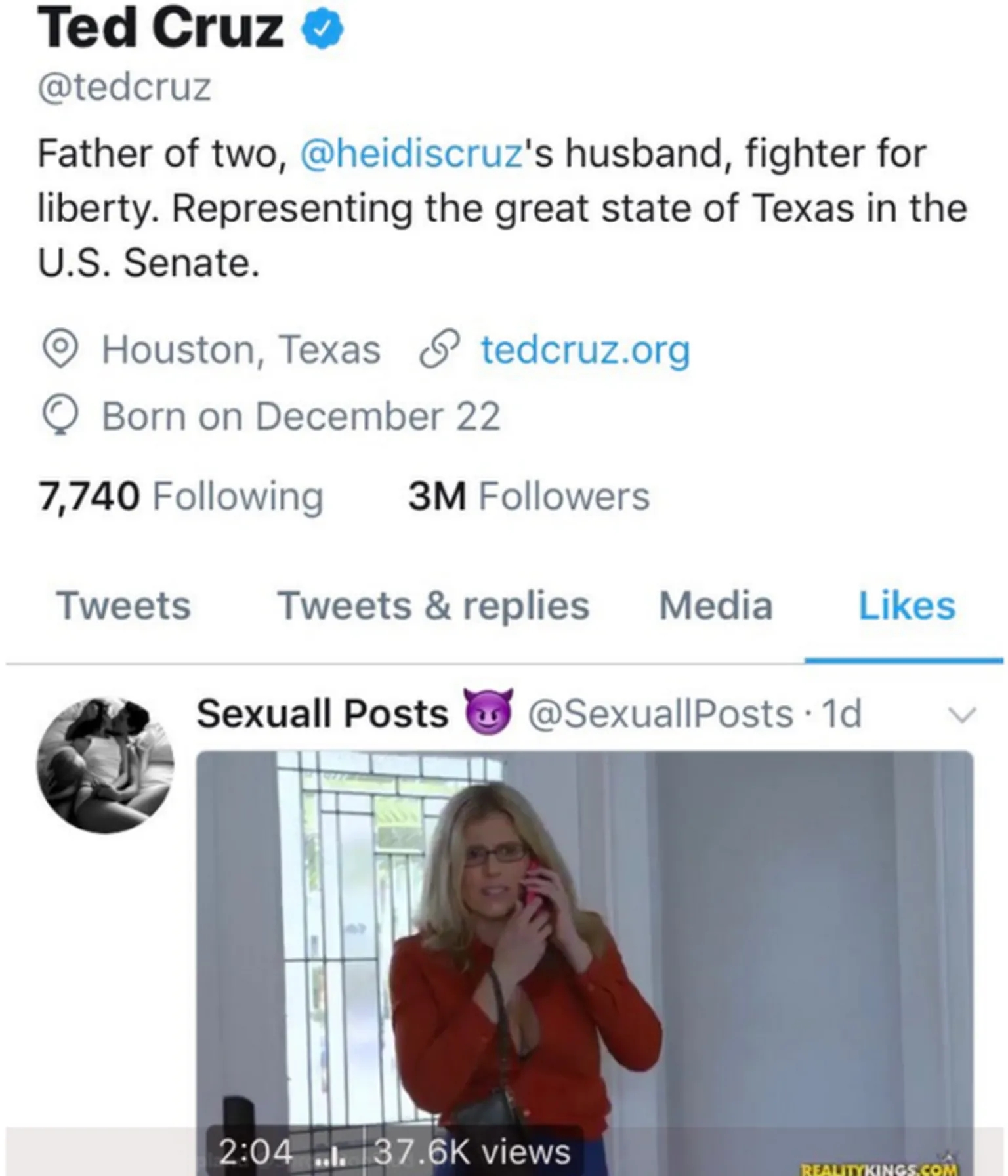 Screenshot showing Ted Cruz's Twitter bio and activity, highlighting a video liked by the account