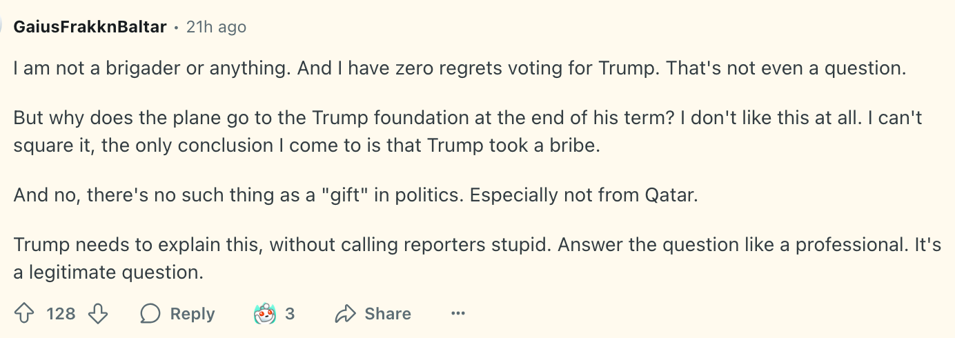Social media post questioning why a plane went to the Trump foundation after his term, suggesting bribery concerns and calling for an explanation