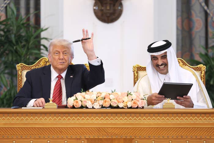 U.S. President Donald J. Trump and Emir of Qatar Tamim bin Hamad al Thani attend a signing ceremony at the Amiri Diwan, the official workplace of the emir