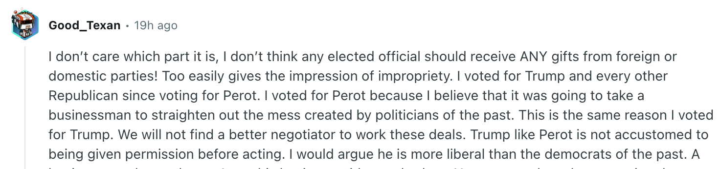 Comment expressing concerns about elected officials receiving gifts, support for Trump and Perot, and belief in business-led solutions for political issues