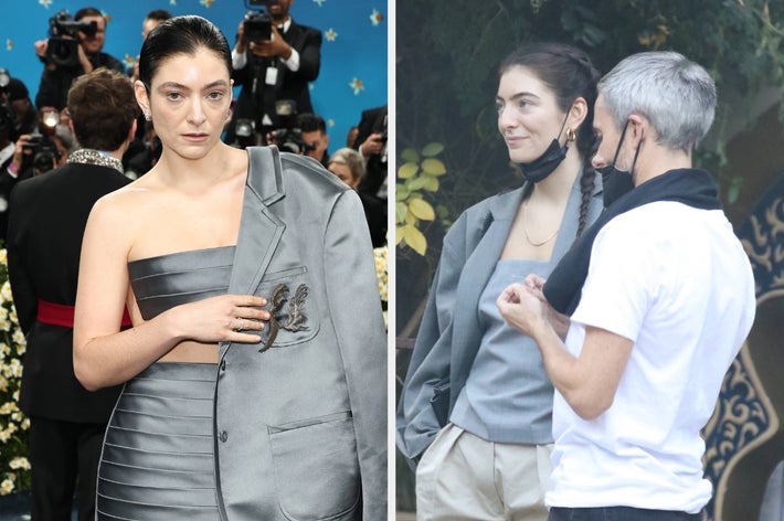 Two images: one shows a celebrity in a structured, stylish outfit at a formal event; the other shows them casually dressed and talking outdoors