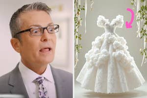 Man in suit with glasses looks surprised; right, a puffy, cloud-like wedding dress is displayed elegantly on a mannequin
