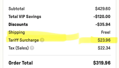 Receipt showing subtotal $429.60, with tariff surcharge of $23.96