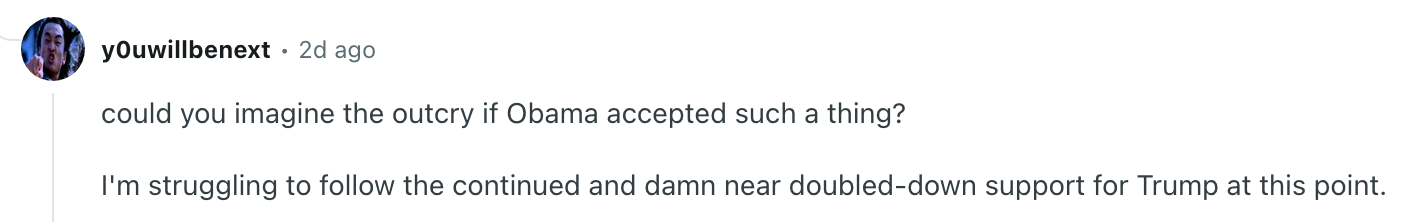 Comment questioning public support for Trump and comparing potential reactions if Obama were involved