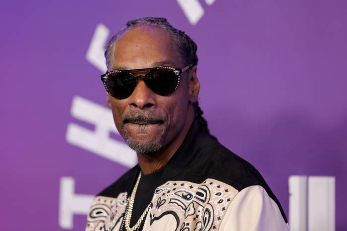 Snoop Dogg wearing sunglasses and a patterned jacket poses at an event with a purple backdrop