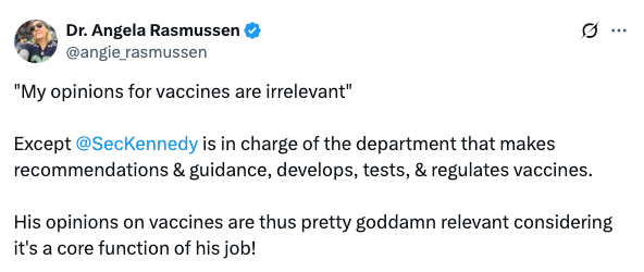 Tweet by Dr. Angela Rasmussen discussing the relevance of a department head's opinions on vaccines