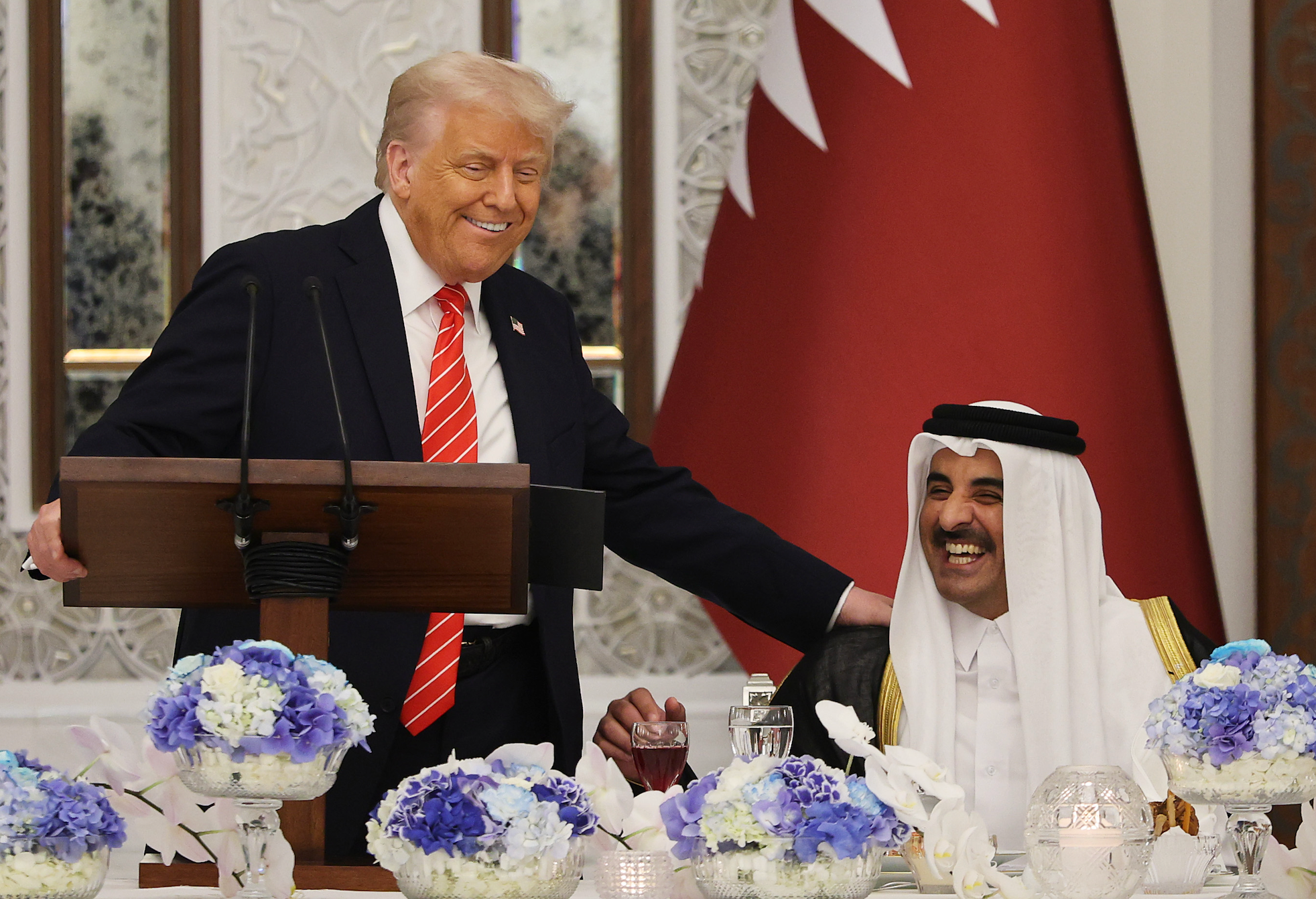 U.S. President Donald J. Trump and Emir of Qatar Tamim bin Hamad al Thani attend a signing ceremony at the Amiri Diwan, the official workplace of the emir