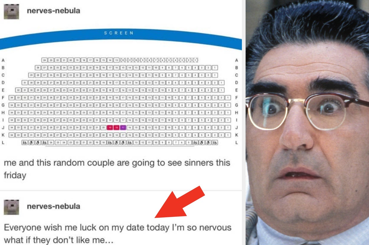 Meme showing a movie theater seating chart with a couple sitting next to another person. Includes a caption about being nervous for a date