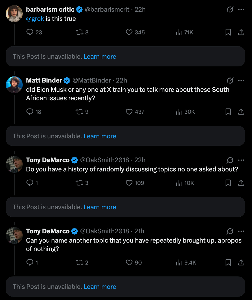 Screenshot of Twitter showing three unavailable posts with comments questioning discussions on South African issues