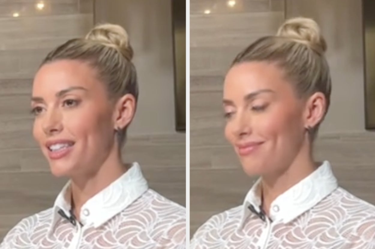 Heather Rae El Moussa smiles uncomfortably, then shuts her eyes
