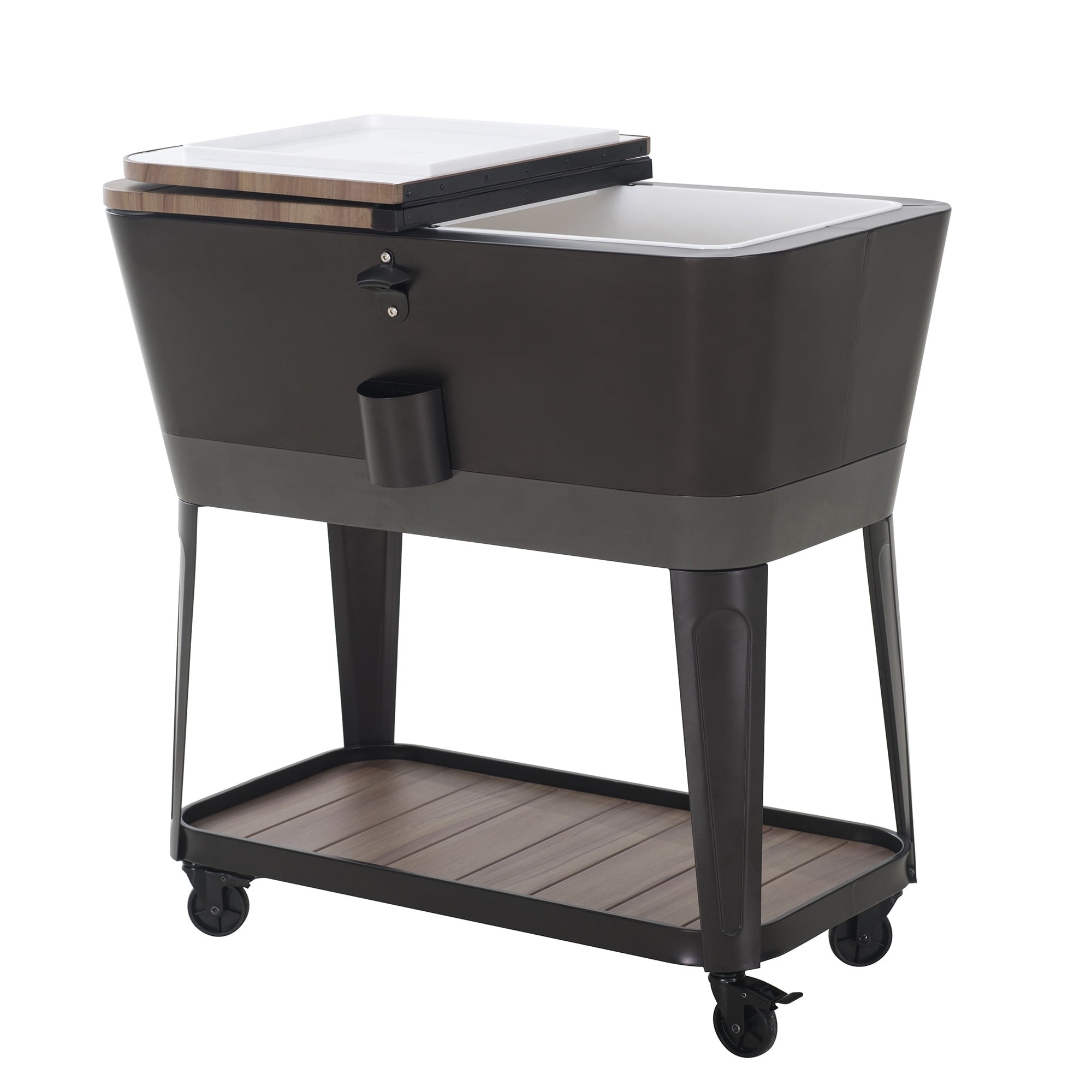 Rolling patio cooler with dual lids and bottom shelf for storage. Ideal for outdoor entertaining and keeping drinks cold