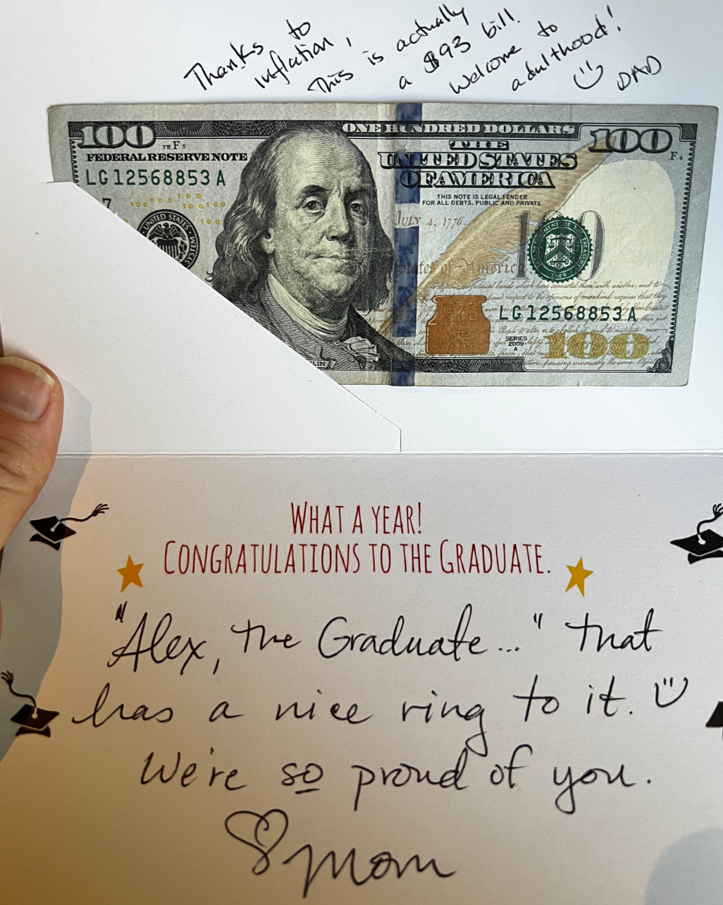Graduation card with a humorous note about inflation from Dad and a congratulatory message from Mom to their graduate. $100 bill included