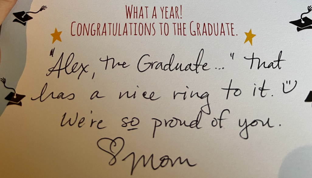 Graduation card with a humorous note about inflation from Dad and a congratulatory message from Mom to their graduate. $100 bill included