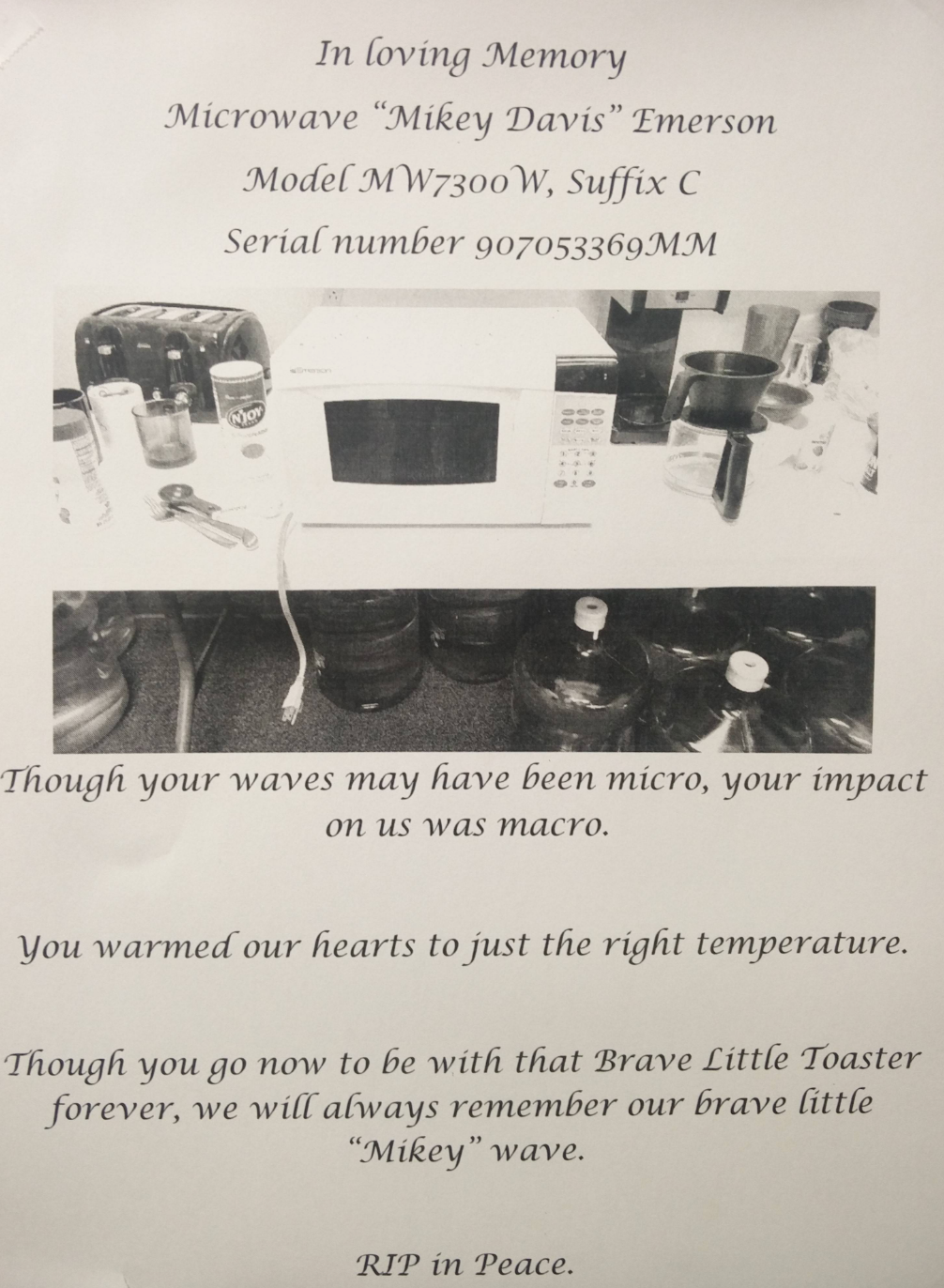Memorial note for a microwave named "Mikey Davis" with a heartfelt poem about its impact and warmth