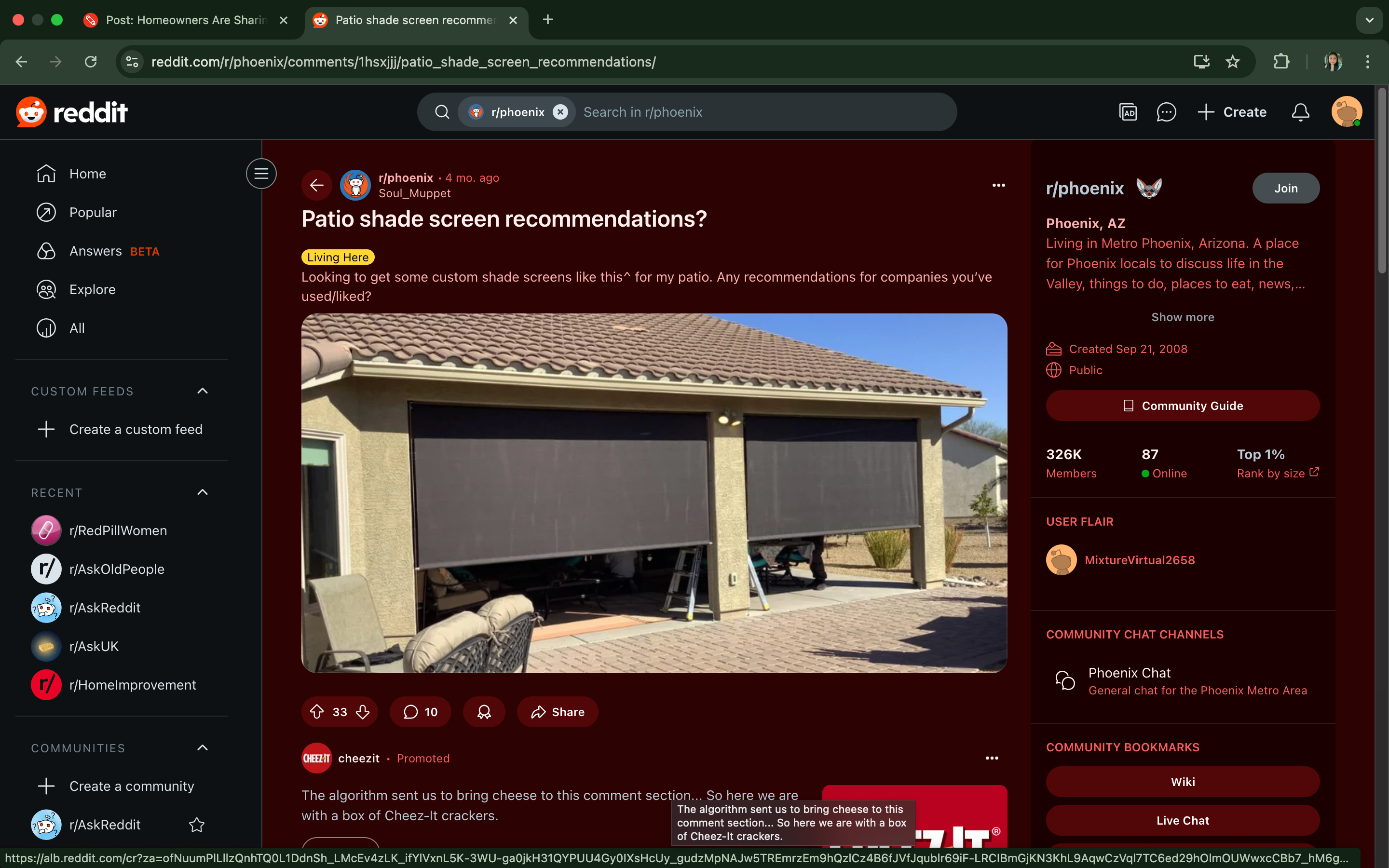 Reddit post showing a photo of a patio with customized shade screens on a house. User asks for recommendations for companies that make these