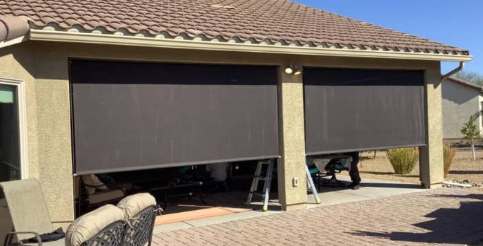 Reddit post showing a photo of a patio with customized shade screens on a house. User asks for recommendations for companies that make these