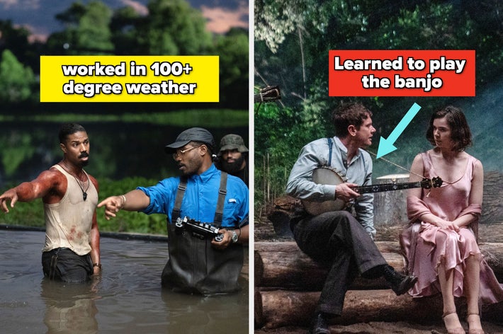 Two film scenes: a director and actor discuss in water; a period drama with a couple in formal attire, man with a banjo, woman in a dress