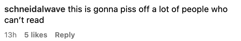 Comment reads: "this is gonna piss off a lot of people who can’t read." Received 5 likes after 13 hours