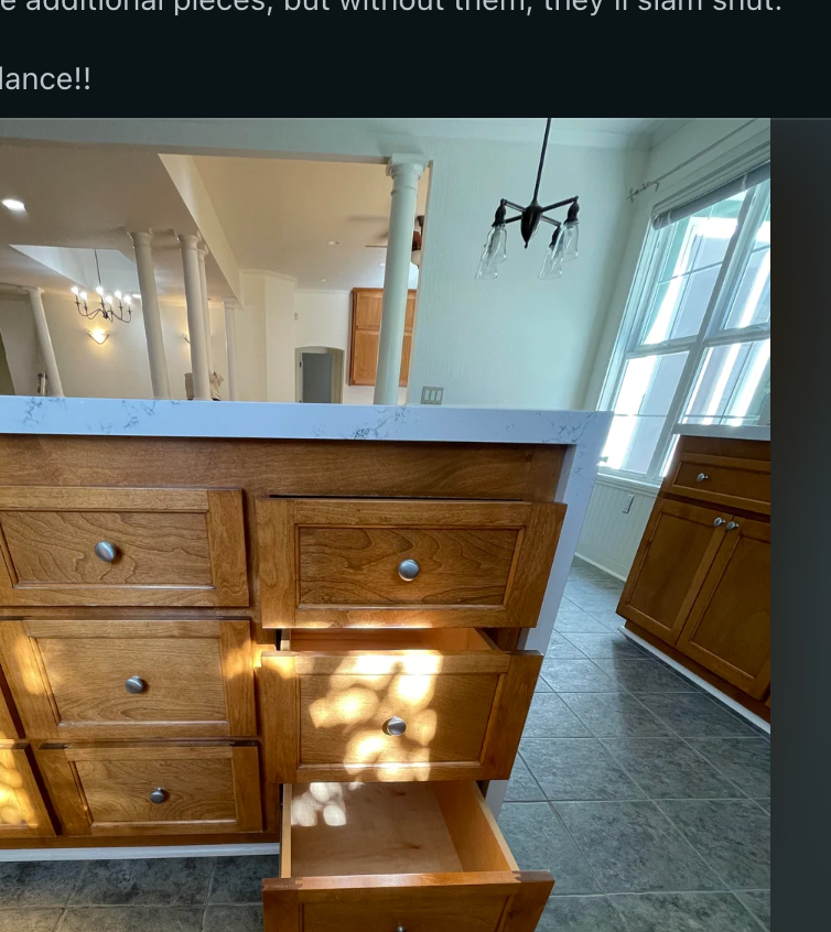 Image of a home improvement forum discussing replacing standard drawers with soft-closing ones. Some drawers are shown partially opened