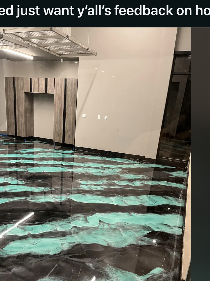 Screenshot of a Reddit post featuring a photo of a garage floor with a glossy epoxy finish, showcasing a wavy pattern
