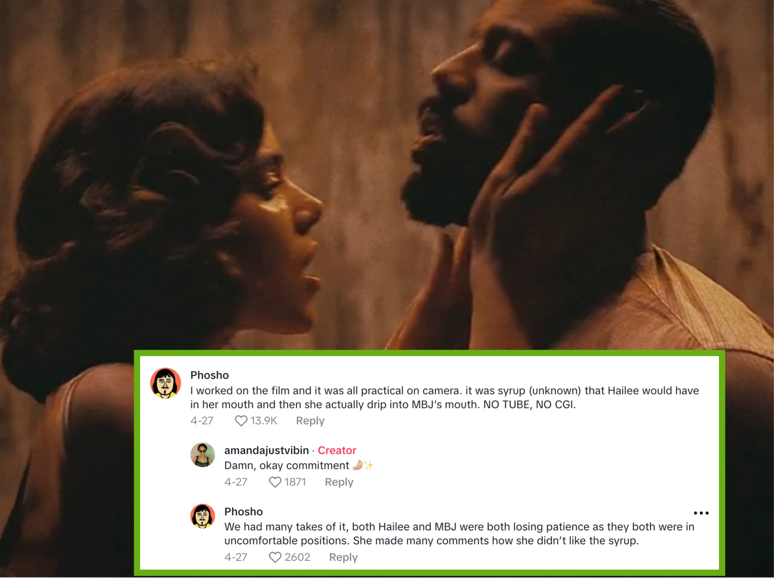 Two people sharing an intense, emotional moment, their faces close, conveying tension and connection in a dramatic scene