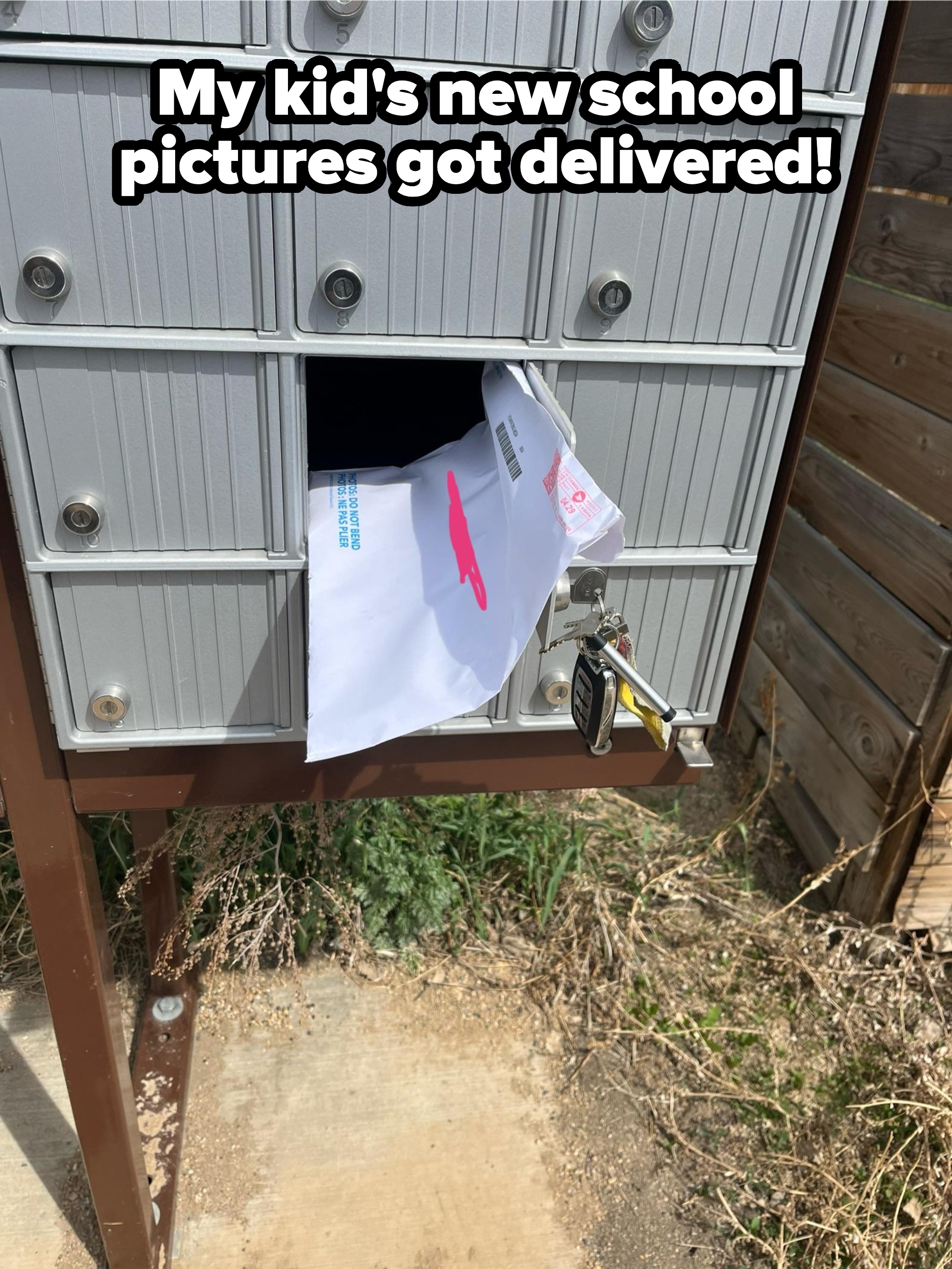 Mailbox with open compartment showing an overstuffed letter sticking out, held closed with a lock