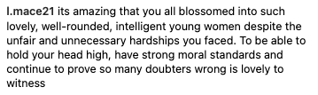 Comment praising young women for overcoming hardships and maintaining strong moral standards