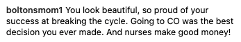 Comment congratulating a nurse for breaking a cycle, highlighting success and career choice of nursing in Colorado