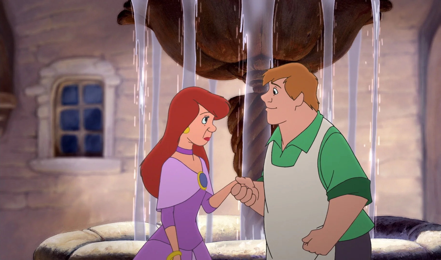Personajes animados se toman de la mano frente a una fuente. Ella lleva un vestido elegante; él un delantal sobre una camisa informal