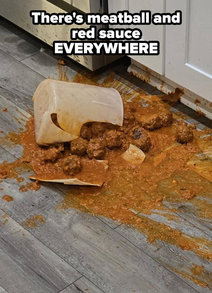 Spilled meatballs with sauce on a kitchen floor, next to an overturned container and cabinets