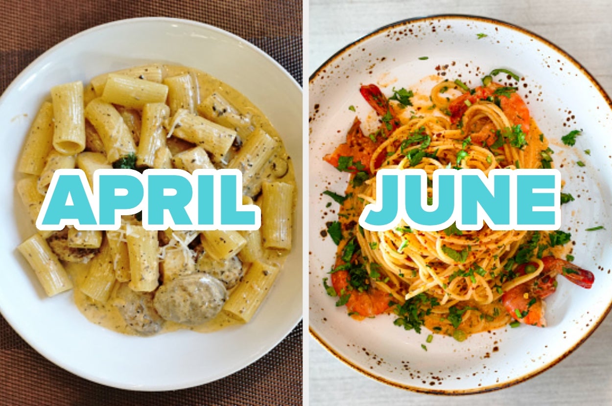 Rigatoni with creamy sauce labeled "April" and spaghetti with vegetables labeled "June", suggesting seasonal meal changes