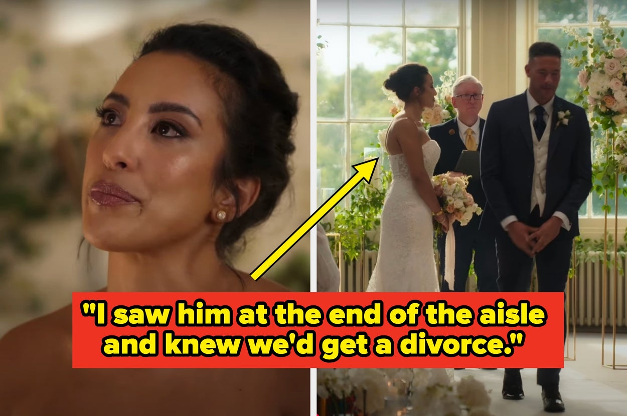 Bride in a wedding dress looks emotional; next to her and the groom with an officiant; inset text: "I saw him at the end of the aisle and knew we'd get a divorce"