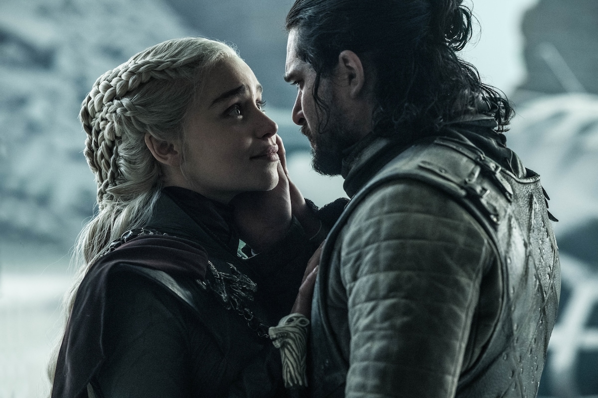 Daenerys and Jon Snow from "Game of Thrones" share an intense moment, gazing into each other's eyes