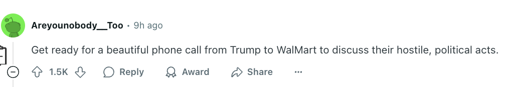 Social media post suggesting Trump plans to call Walmart to discuss political actions