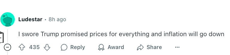 Comment under username &quot;Ludestar&quot; discussing inflation and Trump's promises, with reactions and reply options shown