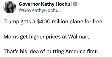 Tweet from Governor Kathy Hochul criticizing Trump's plane expense versus rising Walmart prices for mothers