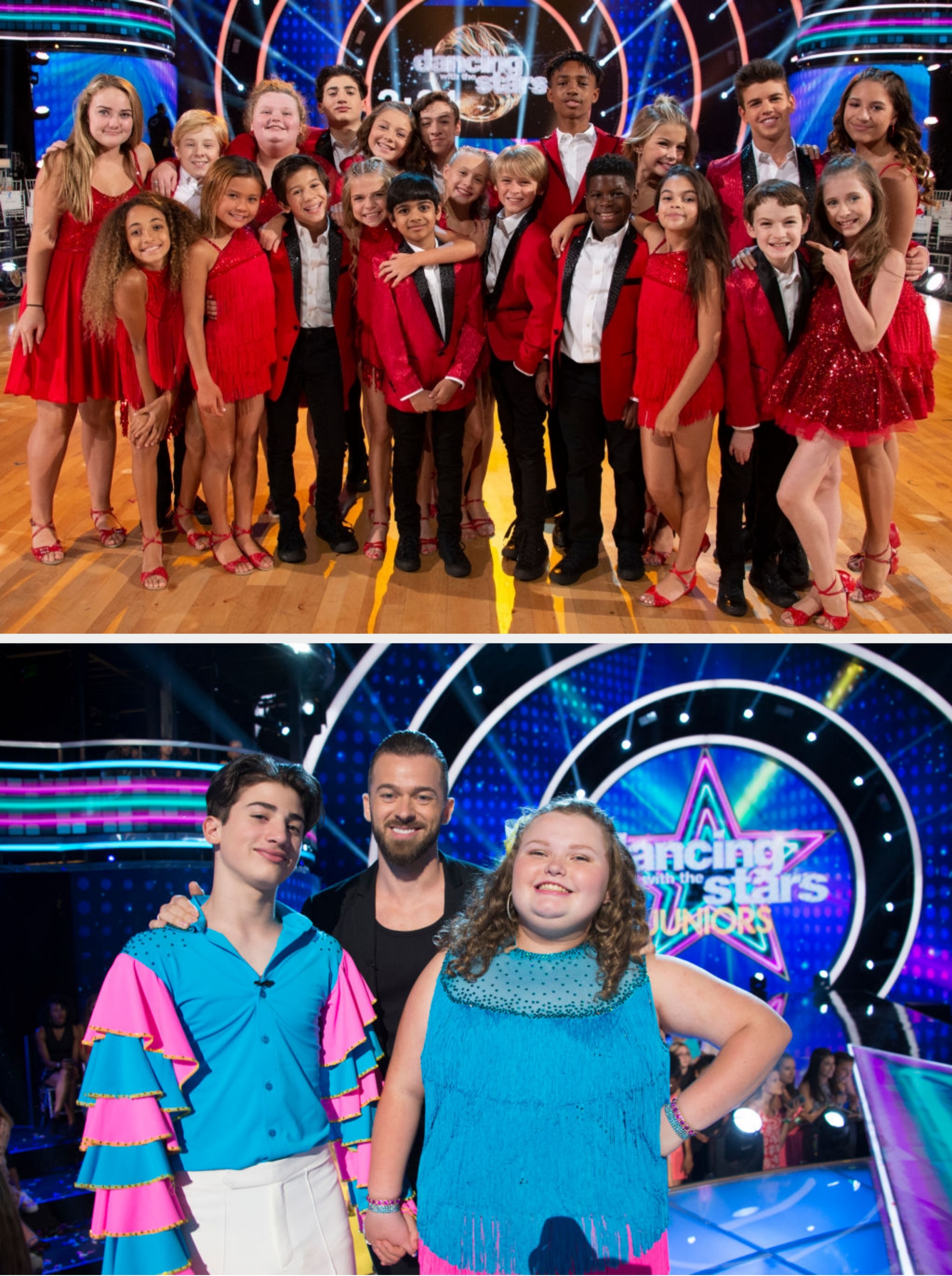 Group of young performers pose on stage in matching formal red and black outfits, smiling for a photo