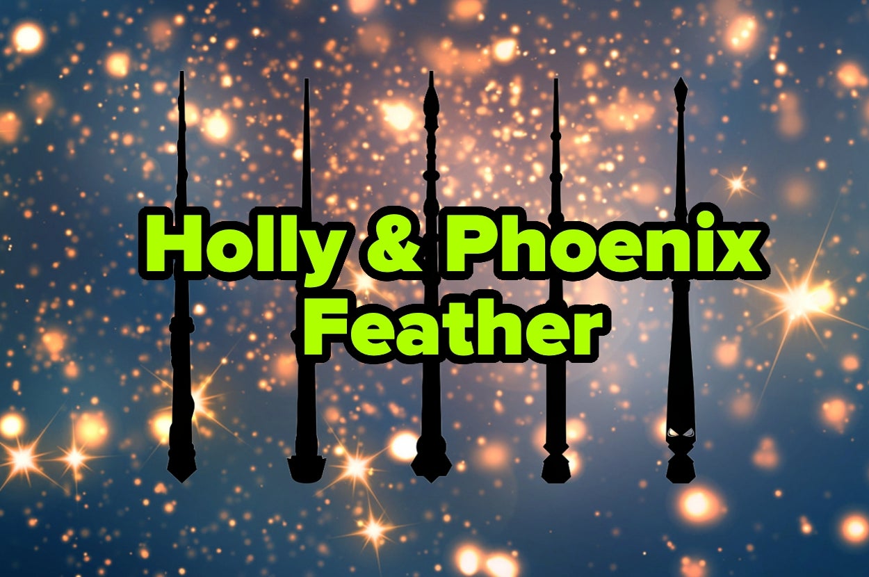Silhouettes of wands with bokeh lights, featuring the text "Holly & Phoenix Feather."