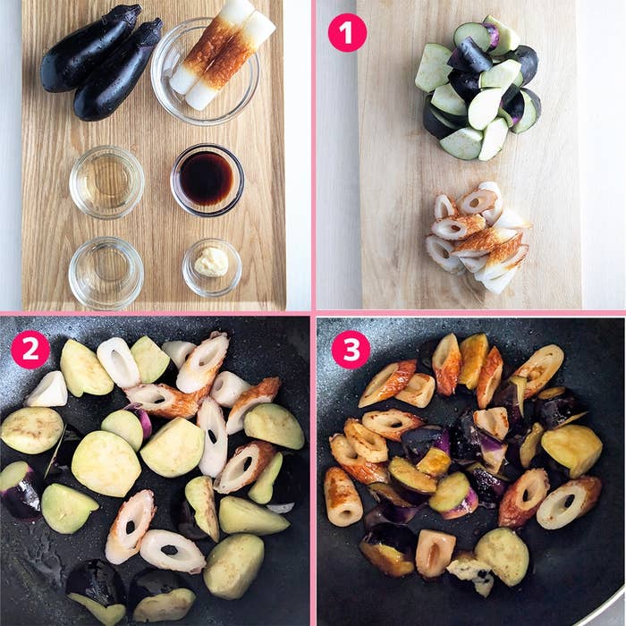 なすとちくわの材料準備と調理過程を示した3つのステップ。食材を切り、炒めている様子。