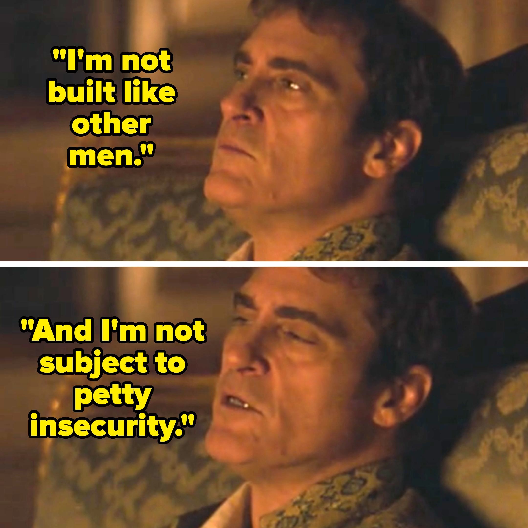 Person lounging on a patterned sofa, gazing upward, with a relaxed expression