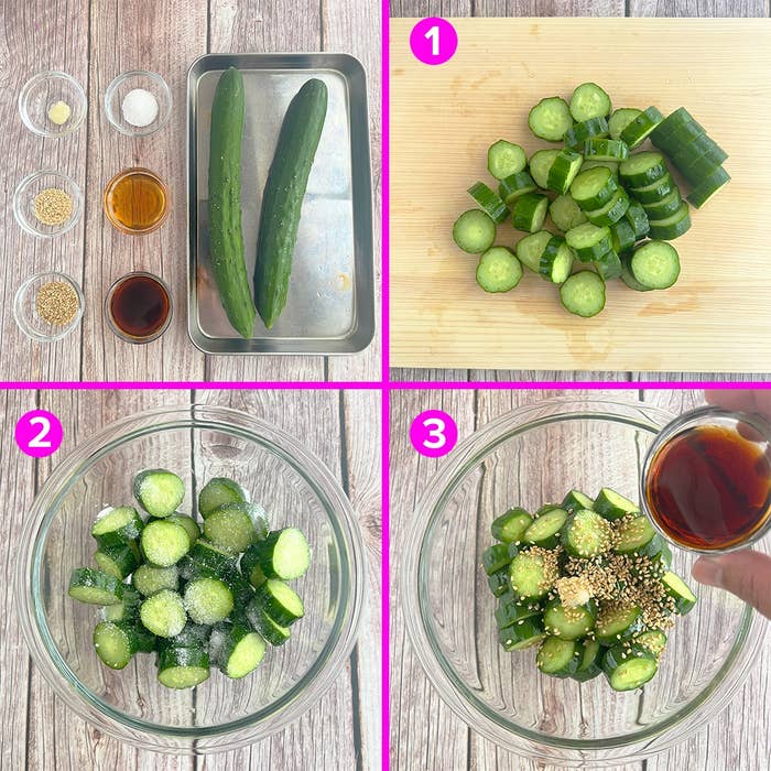 3ステップで作れるキュウリサラダのレシピ。材料はキュウリ、調味料、ゴマ。手順はカット、調理、仕上げの順。