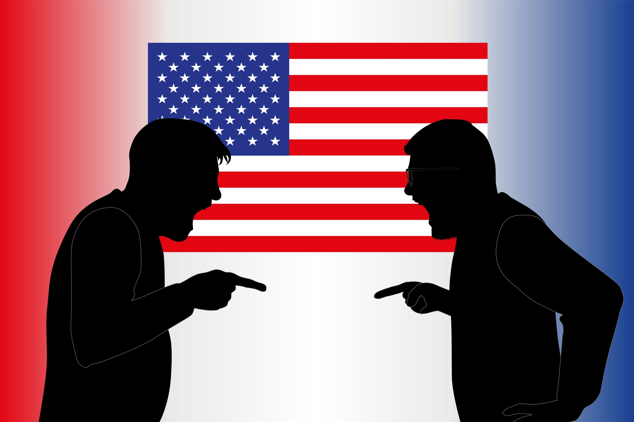 Silhouettes of two people arguing with pointed fingers; U.S. flag in background