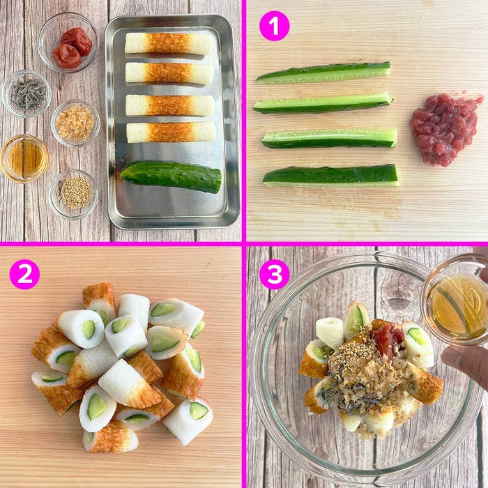 4コマレシピ: ちくわにキュウリやツナを詰め、調味料をかけてサラダにアレンジ。