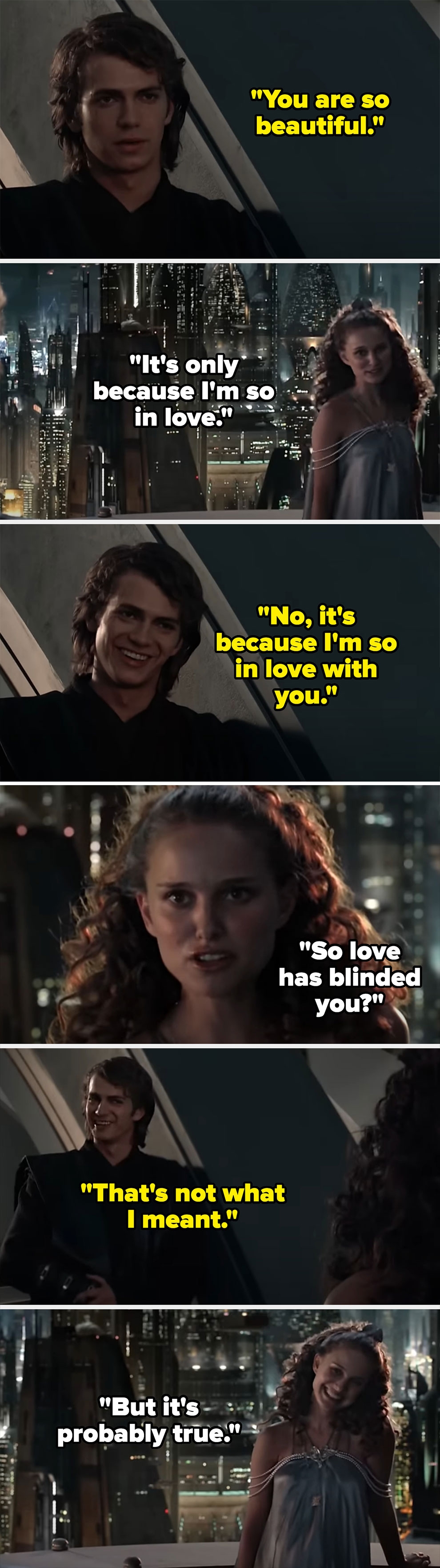 A scene from a movie showing two characters having a conversation about love, with dialogue about beauty and being blinded by love